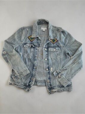 Old Navy Faded Distressed Hand Painted Jean Jacket